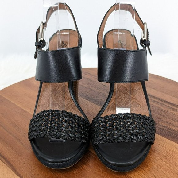 Lucky Brand Putnam Heels 9 M 39 Black Leather Woven Strap Stacked Ankle Buckle - Picture 4 of 13